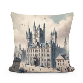 Home Art Haven Cotton Cushion featuring a castle design with intricate details and soft fabric