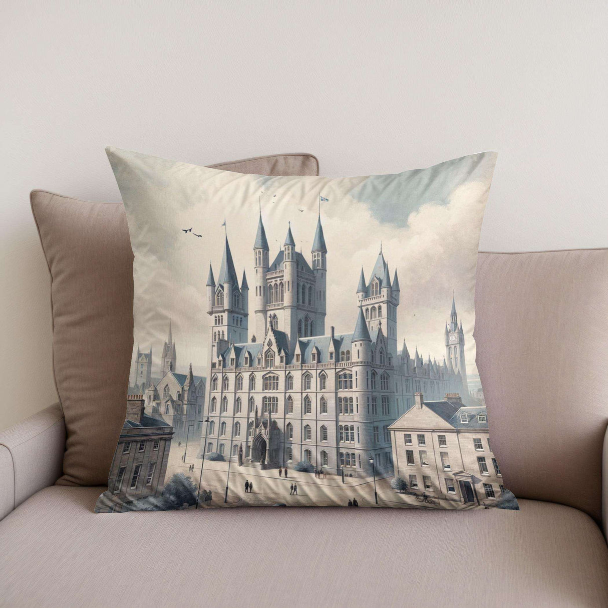 HOME ART HAVEN Cotton Cushion featuring a detailed castle illustration, perfect for home decor