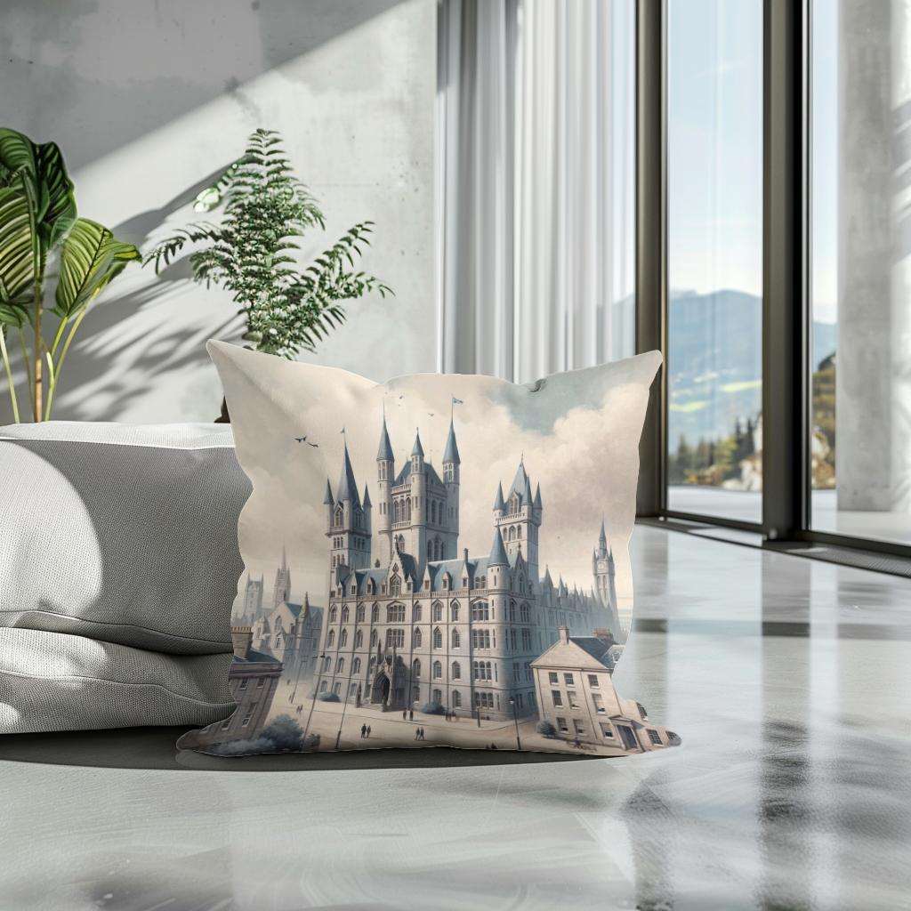 Cotton Cushion featuring a vintage castle illustration, perfect for stylish home decor