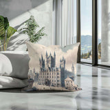 Cotton Cushion featuring a vintage castle illustration, perfect for stylish home decor