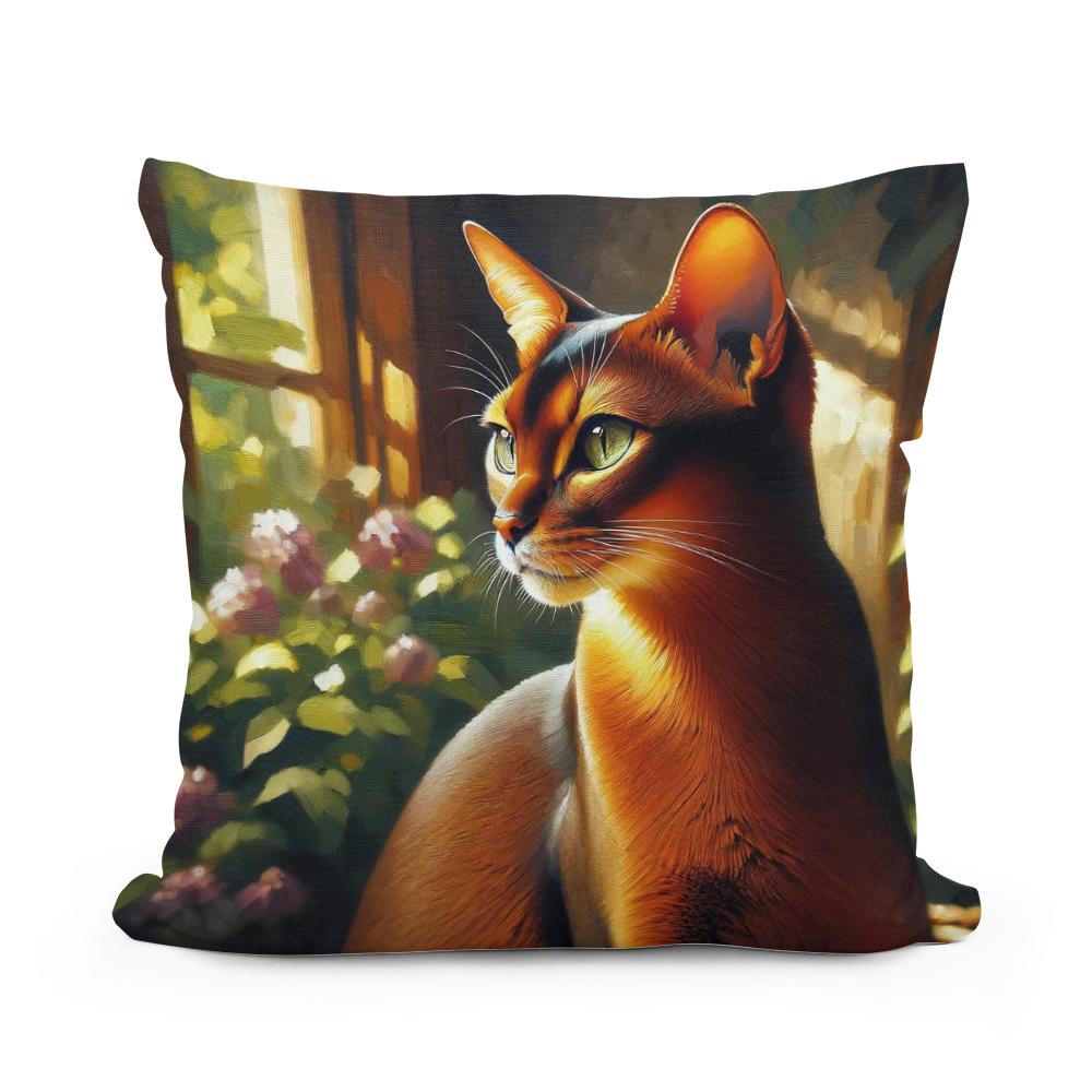 Cotton Cushion featuring a detailed illustration of a cat in a sunlit garden setting