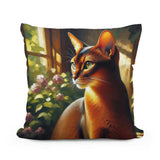 Cotton Cushion featuring a detailed illustration of a cat in a sunlit garden setting
