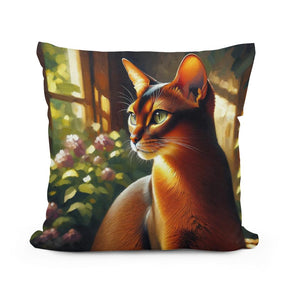 Cotton Cushion featuring a detailed illustration of a cat in a sunlit garden setting