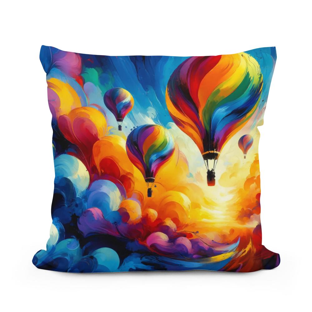 Colourful Cotton Cushion featuring vibrant hot air balloons against a sunset sky