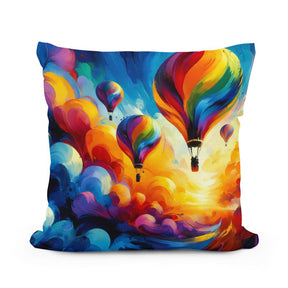 Colourful Cotton Cushion featuring vibrant hot air balloons against a sunset sky