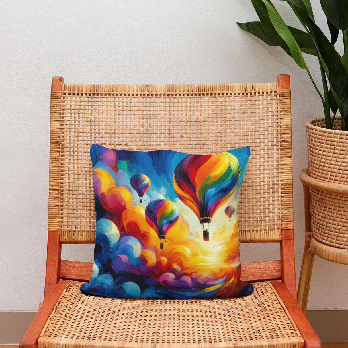 Colourful Cotton Cushion featuring vibrant hot air balloon design, perfect for home decor