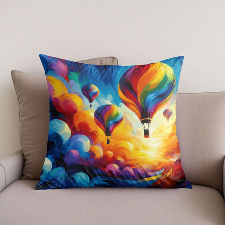 Vibrant Cotton Cushion with Colourful Hot Air Balloons Design on a Sofa