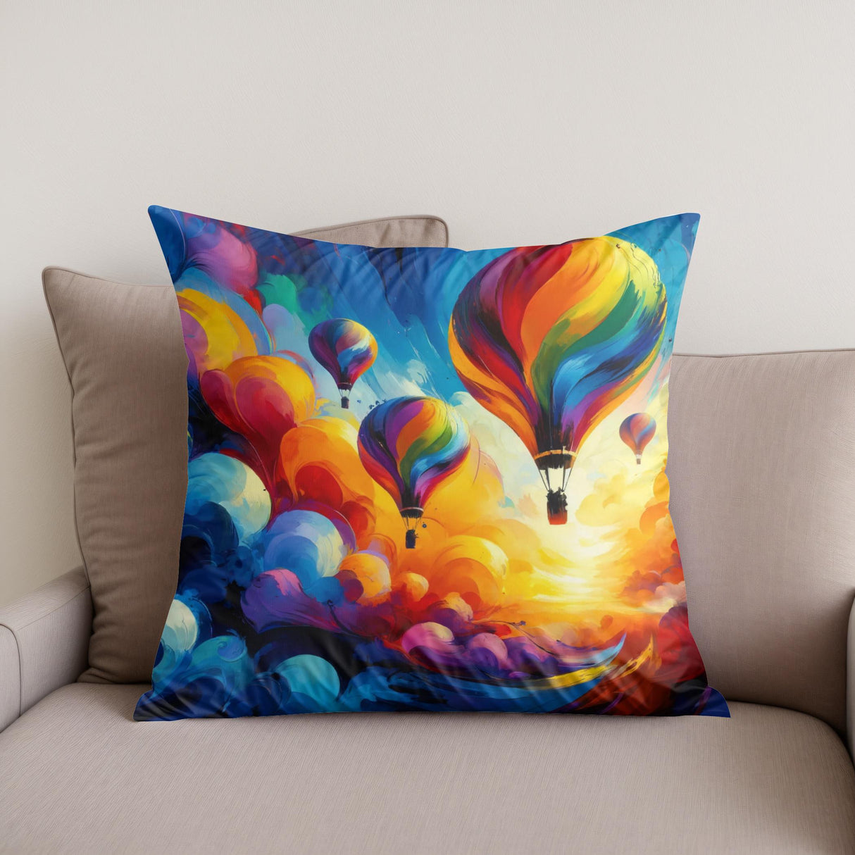 Vibrant Cotton Cushion with Colourful Hot Air Balloons Design on a Sofa