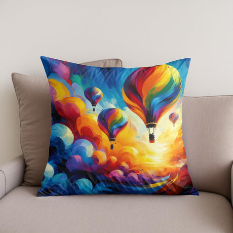 Vibrant Cotton Cushion with Colourful Hot Air Balloons Design on a Sofa