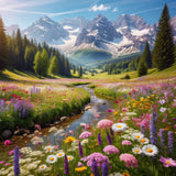 Vibrant meadow scene with flowers and mountains, featuring a cosy Cotton Cushion from HOME ART HAVEN