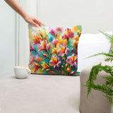 Vibrant Floral Home Art Haven Cotton Cushion on Sofa with Coffee Cup Nearby