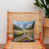 HOME ART HAVEN Cotton Cushion featuring a scenic mountain landscape with vibrant flowers