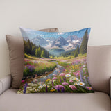 Beautiful Cotton Cushion featuring a serene mountain landscape and vibrant flowers for home decor