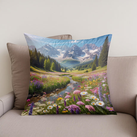 Beautiful Cotton Cushion featuring a serene mountain landscape and vibrant flowers for home decor