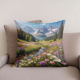 Beautiful Cotton Cushion featuring a serene mountain landscape and vibrant flowers for home decor