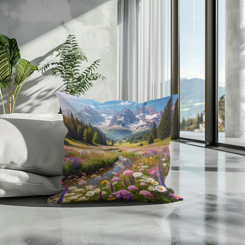 HOME ART HAVEN Cotton Cushion with a picturesque mountain landscape design featuring flowers and greenery