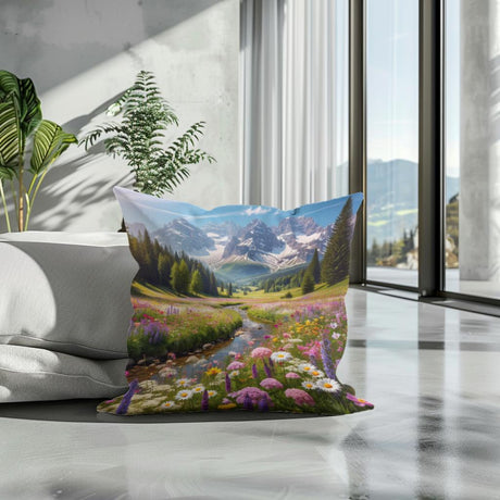 HOME ART HAVEN Cotton Cushion with a picturesque mountain landscape design featuring flowers and greenery