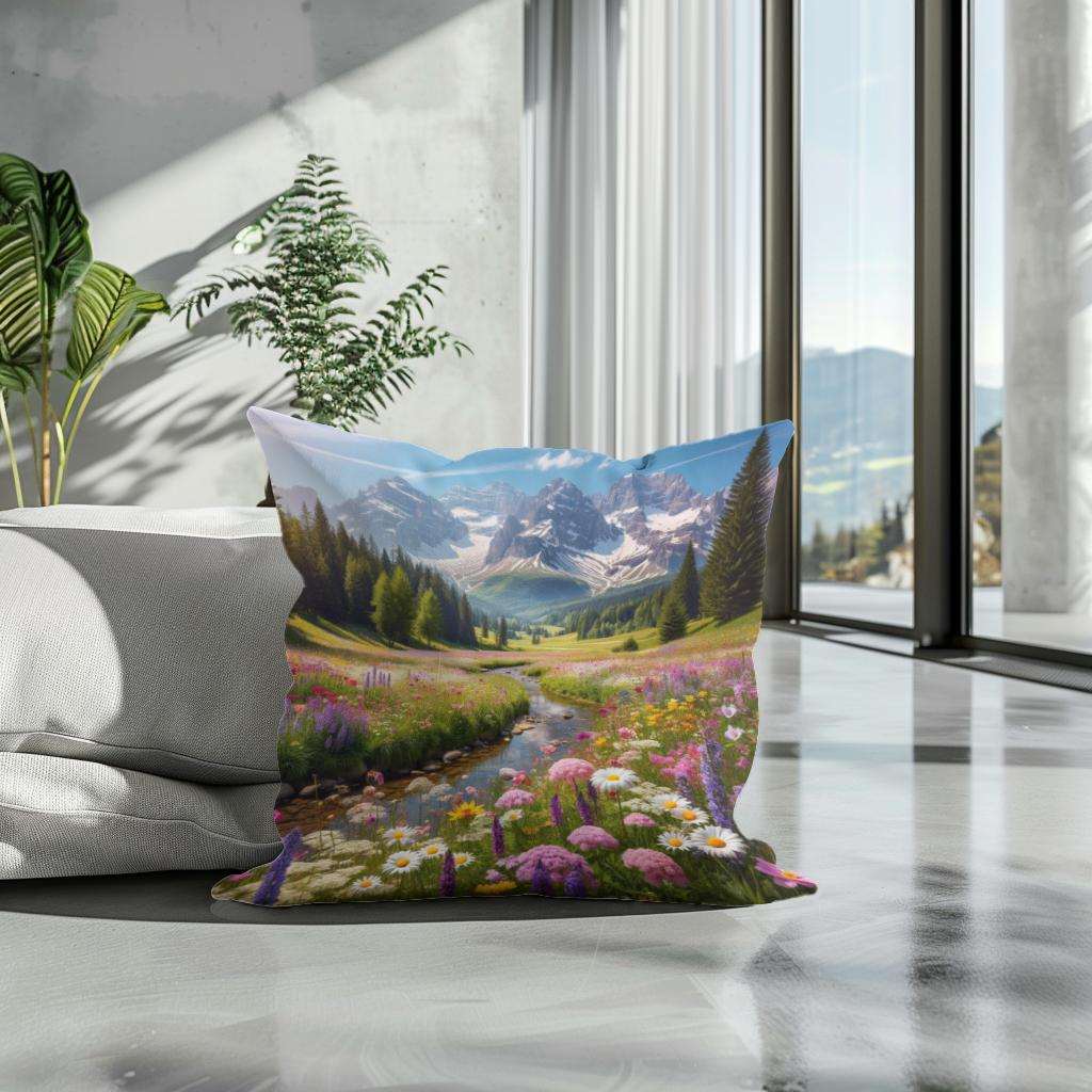 HOME ART HAVEN Cotton Cushion with a picturesque mountain landscape design featuring flowers and greenery