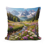 HOME ART HAVEN Cotton Cushion featuring a vibrant floral landscape with mountains in the background