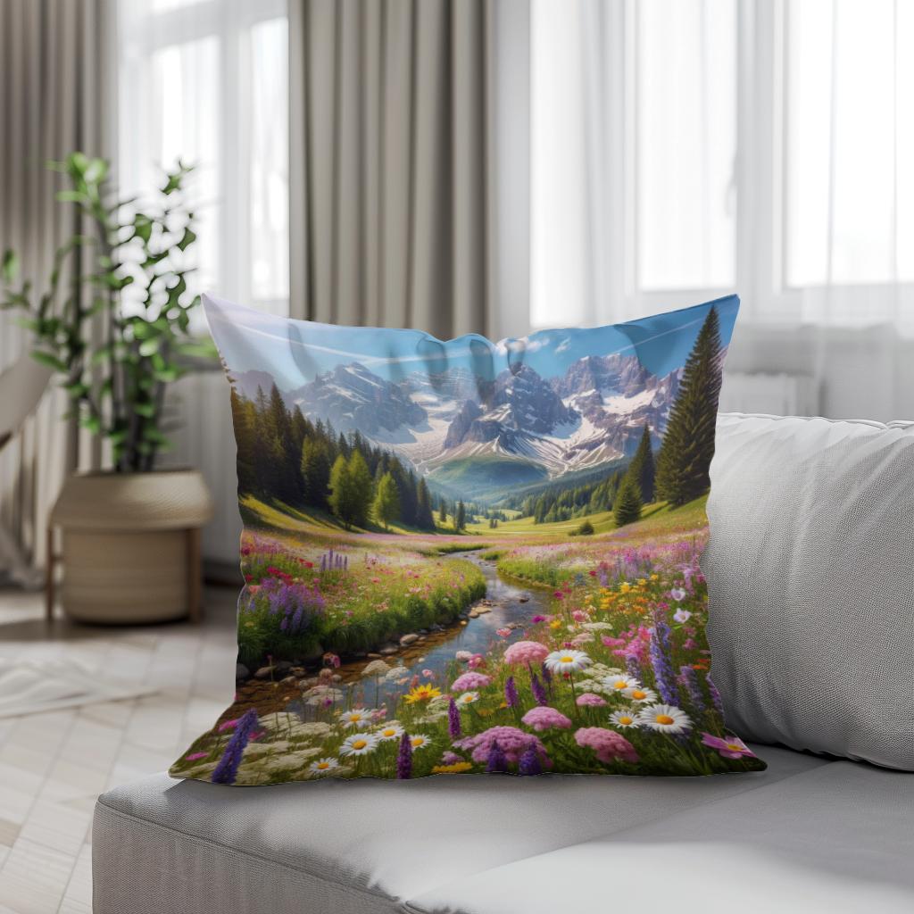 Scenic Cotton Cushion featuring a mountain landscape with flowers and a stream for home decor