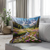 Scenic Cotton Cushion featuring a mountain landscape with flowers and a stream for home decor