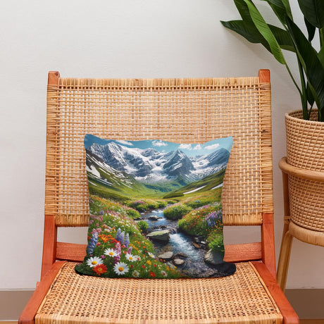HOME ART HAVEN Cotton Cushion featuring a vibrant mountain landscape with flowers and a stream