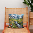HOME ART HAVEN Cotton Cushion featuring a vibrant mountain landscape with flowers and a stream