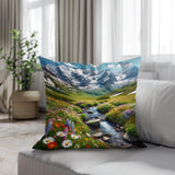 Colourful Cotton Cushion featuring a Scenic Mountain River Design with Flowers for Home Decor