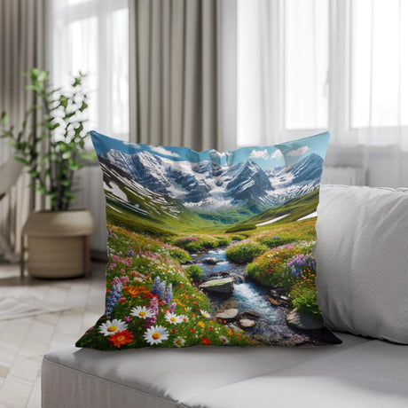 Colourful Cotton Cushion featuring a Scenic Mountain River Design with Flowers for Home Decor