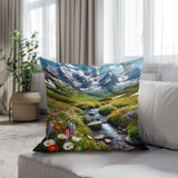 Colourful Cotton Cushion featuring a Scenic Mountain River Design with Flowers for Home Decor