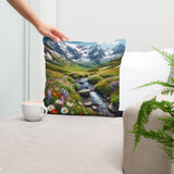 Cotton Cushion featuring a vibrant mountain landscape with floral details for home decor
