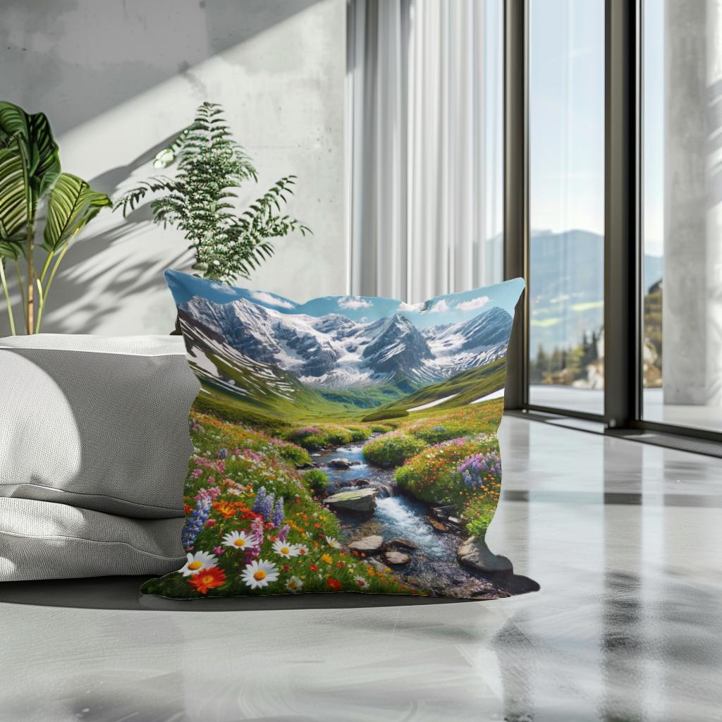 HOME ART HAVEN Cotton Cushion featuring a vibrant mountain landscape and colourful flowers