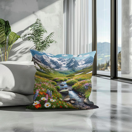 HOME ART HAVEN Cotton Cushion featuring a vibrant mountain landscape and colourful flowers
