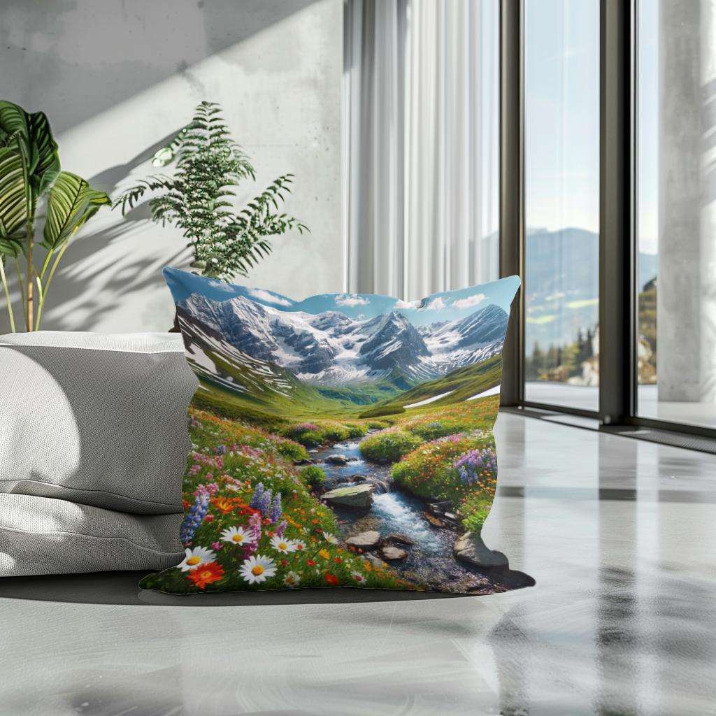 HOME ART HAVEN Cotton Cushion featuring a vibrant mountain landscape and colourful flowers