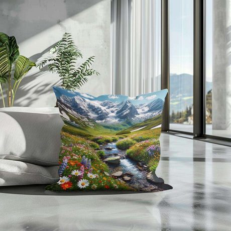 HOME ART HAVEN Cotton Cushion featuring a vibrant mountain landscape and colourful flowers