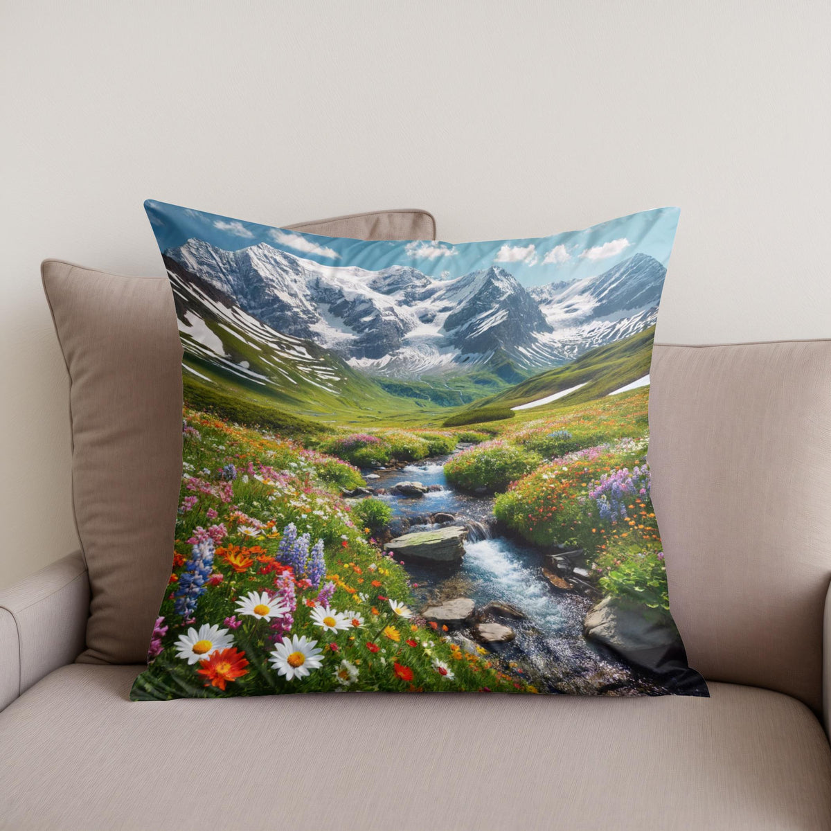 Vibrant Cotton Cushion featuring a picturesque mountain and flower landscape design