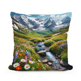 Vibrant Cotton Cushion featuring a scenic mountain landscape with flowers and a stream