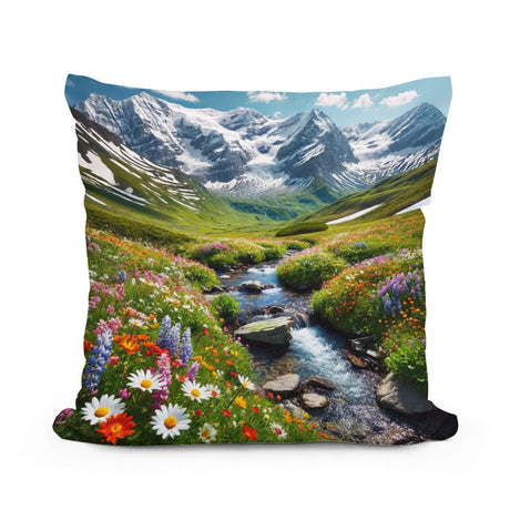 Vibrant Cotton Cushion featuring a scenic mountain landscape with flowers and a stream