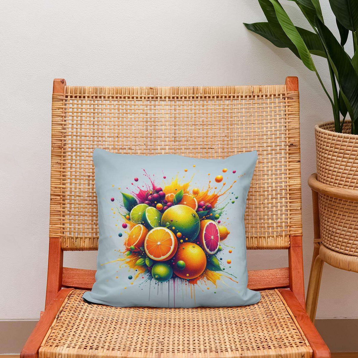 Colourful Cotton Cushion with a Vibrant Fruit Design on a Stylish Chair