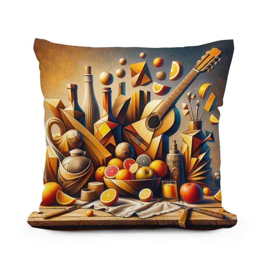 Artistic Cotton Cushion featuring a vibrant still life of fruits and musical elements