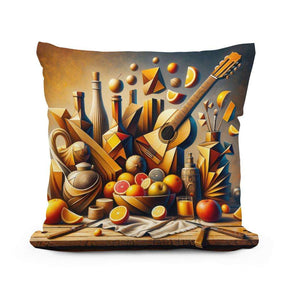 Artistic Cotton Cushion featuring a vibrant still life of fruits and musical elements