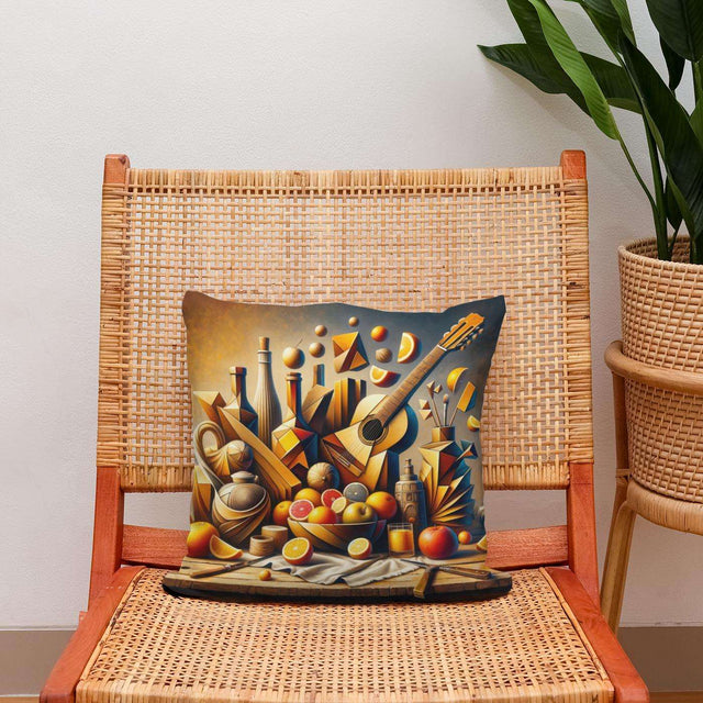Colourful decorative Cotton Cushion featuring a still life design of fruits and bottles
