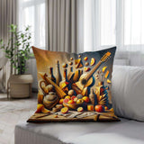 Artistic Cotton Cushion featuring a still life with fruits and instruments for home decor