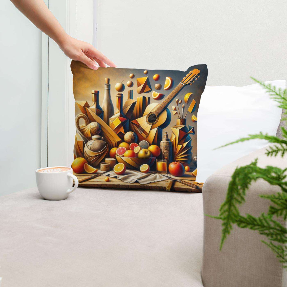 HOME ART HAVEN Cotton Cushion with Artistic Design Featuring Bottles and Fruits in Warm Colours
