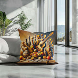 Colourful Cotton Cushion featuring artistic design with fruit and musical instruments for home decor