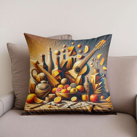 Artistic Cotton Cushion featuring a vibrant still life design with fruits and musical elements