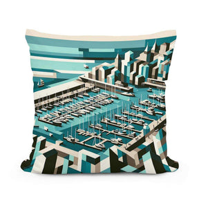 Stylish Cotton Cushion featuring an artistic aerial view of a marina and cityscape