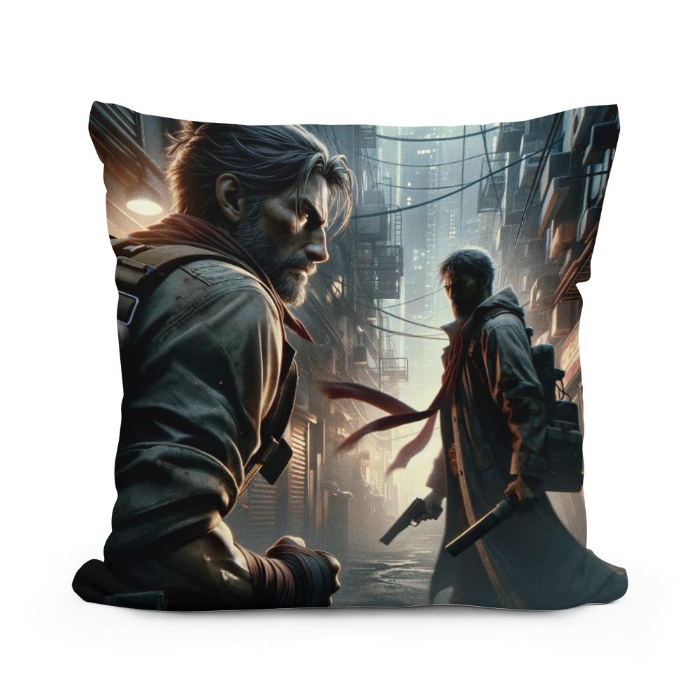 HOME ART HAVEN Cotton Cushion featuring a dramatic street scene with two characters and dark tones