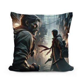 HOME ART HAVEN Cotton Cushion featuring a dramatic street scene with two characters and dark tones