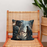 HOME ART HAVEN Cotton Cushion featuring a cinematic scene with two characters in a dramatic urban setting